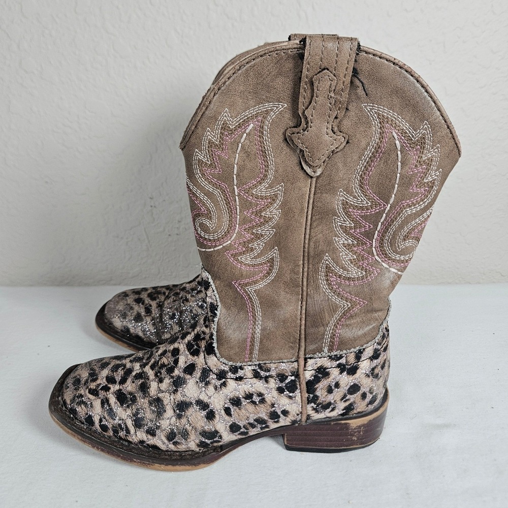 Roper Girls Leopard Print Metallic Western Cowboy Boots Brown Pink Square Toe